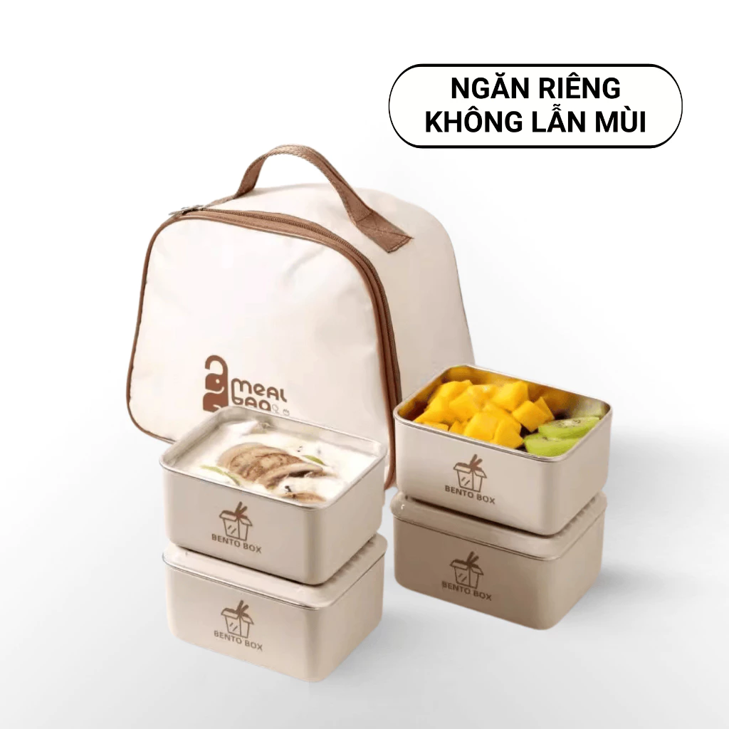 Hộp cơm giữ nhiệt Bento Box màu trắng inox 304 có lỗ thoát khí có túi đựng đi kèm phù hợp cho dân văn phòng và sinh viên