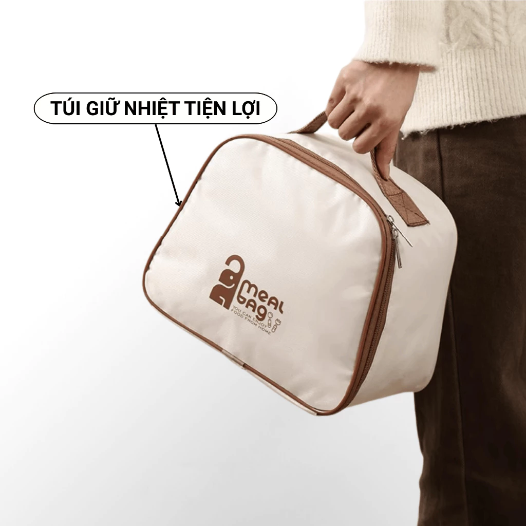 Hộp cơm giữ nhiệt Bento Box màu trắng inox 304 có lỗ thoát khí có túi đựng đi kèm phù hợp cho dân văn phòng và sinh viên