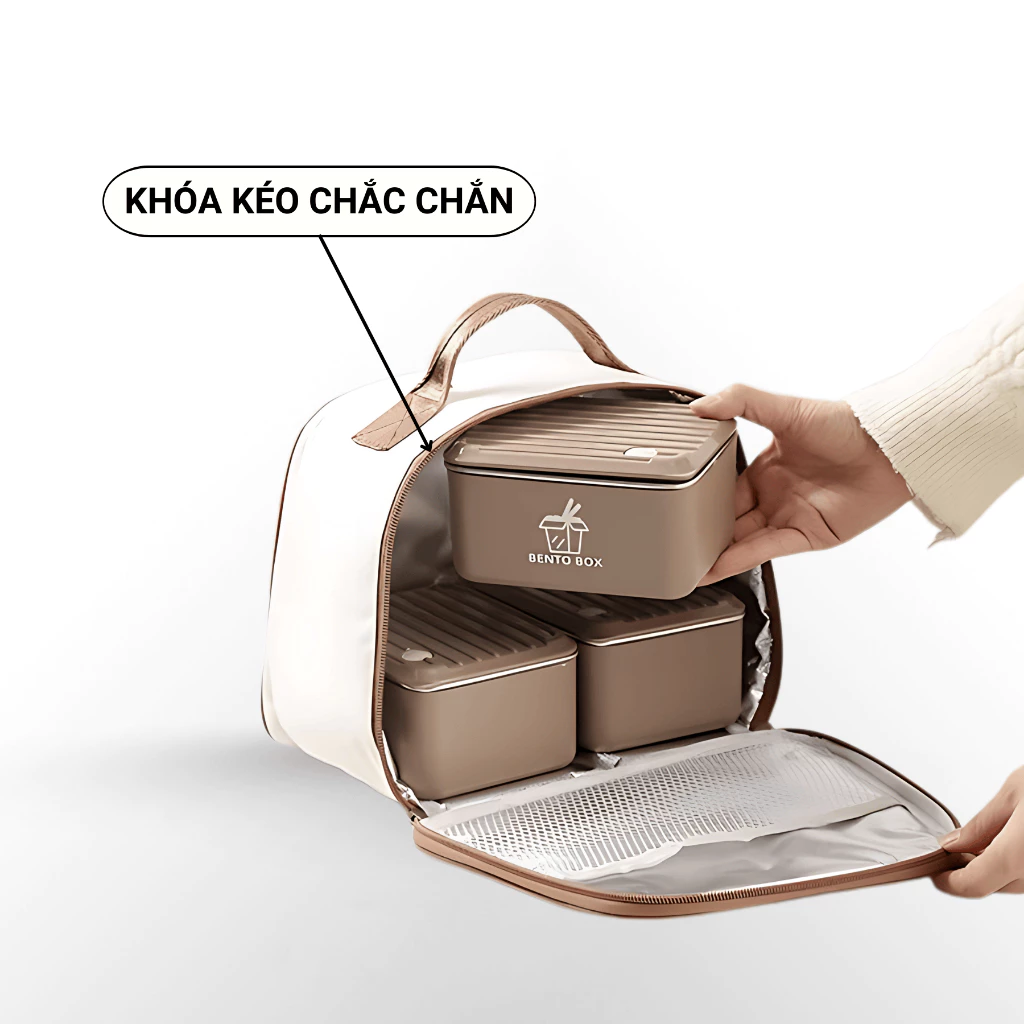 Hộp cơm giữ nhiệt Bento Box màu trắng inox 304 có lỗ thoát khí có túi đựng đi kèm phù hợp cho dân văn phòng và sinh viên